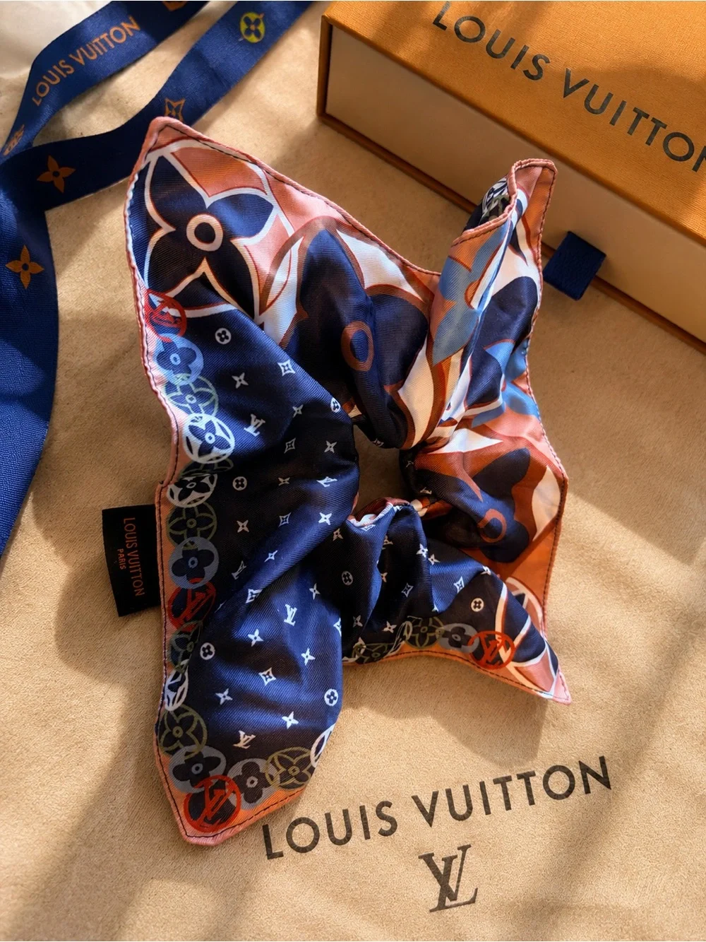 Louis Vuitton Navy & Orange Scrunchie with Monogram Motif